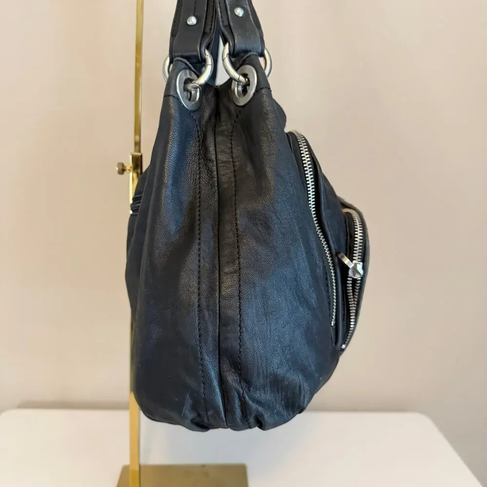 Perlina Hobo Shoulder Bag OS Black Leather Multi Pocket Shoulder Purse Slouchy